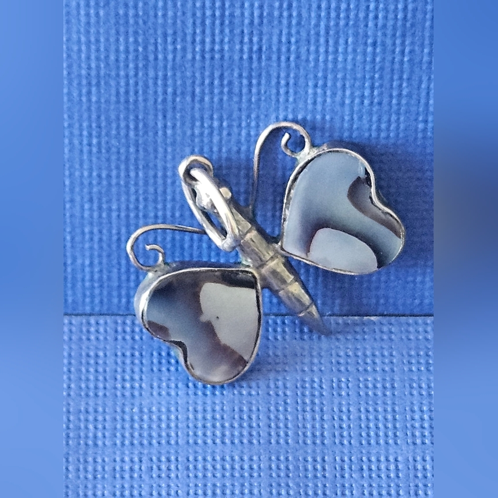 #149 Butterfly Heart Shaped Wings Pendant In Sterling Silver With Abalone